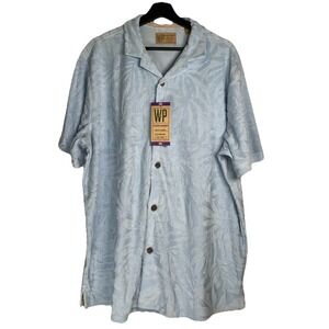 Weatherproof Men's Button Shirt XXL Light Blue Terry Leaf Pattern Beach Tropical